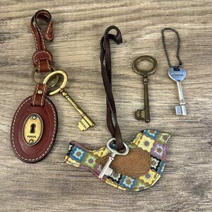 4 PC Fossil Lot - Leather Fob Hang Tag Lock & Key Keychain
